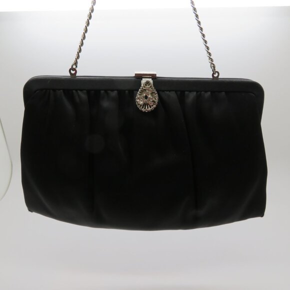 Vintage Handheld Clutch Chain Strap Black Satin Purse Bag Frame Evening Silver - Picture 3 of 12